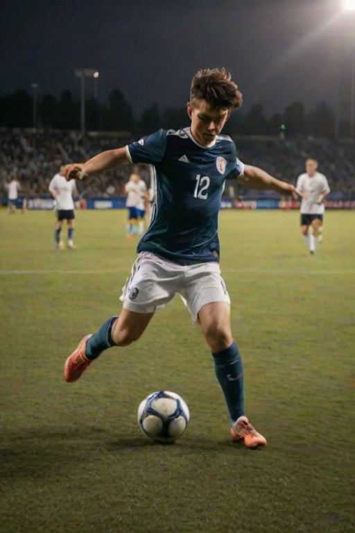 Blurry action shot of a soccer player kicking a ball mid-game, intense focus on their face, dirt flying up from the field, the crowd in the background cheering, stadium lights casting harsh shadows on the field, focus on the movement of the ball.