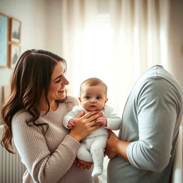 regenerate the image of a couple with a baby in a nursery, soft natural lighting, focus on the family with a blurred background, use a 50mm lens at f/2.8, ISO 200, shutter speed 1/125s, high-resolution digital format