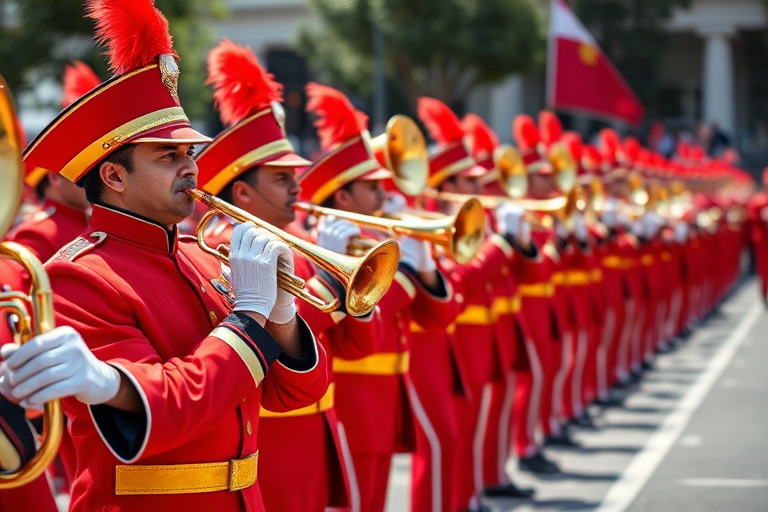 A colorful marching band in vibrant red uniforms playing brass instruments, dynamic composition with the band leader in front; DSLR camera, f/4 aperture, 1/500 sec shutter speed, 35mm lens, vibrant color profile, shot from a low angle to enhance depth.