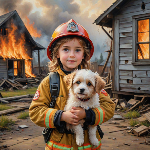 airbrushed oil painting, pixar style, cute little girl in fireman gear, helmet, tousled hair, expressive eyes, standing in the doorstep of a cottage burning behind him, holding a cute little dog in her arm, atumn sky