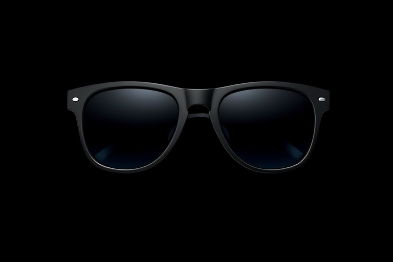 Create an image of a pair of stylized sunglasses, solid black background, high resolution, 50mm lens, f/2.8 aperture, ISO 100, shot from a front view, using a DSLR camera.