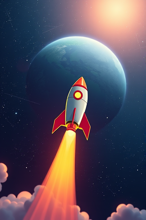 Create a digital illustration of a rocket flying towards Earth in a starry space background with vibrant colors and sharp details, using a high-resolution setting of 300 DPI, captured from a wide-angle perspective, simulating a 35mm lens, with a soft focus effect for depth.