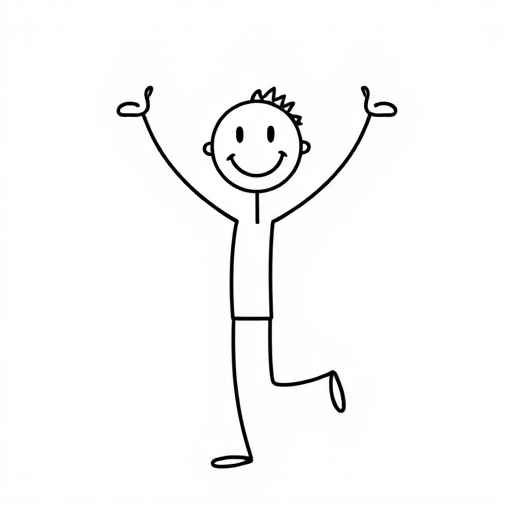 create a simple stick figure with a smiling face, arms raised in celebration, standing on one leg, outlined in black on a transparent background