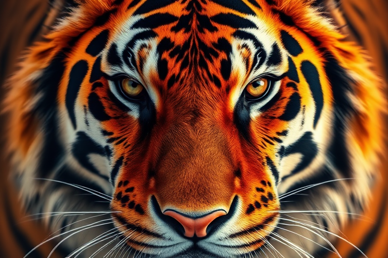 Generate a highly detailed and vibrant image of a tiger's face in symmetrical view, using a DSLR camera with a 50mm lens, aperture set to f/1.8, ISO 100, and a shutter speed of 1/250 seconds, employing a high-contrast color style.