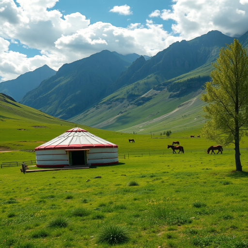 a scenic view of a yurt in a lush green valley with mountains in the background and horses grazing, captured with a Canon EOS R5, 24-70mm lens, f/8 aperture, ISO 100, 1/250 sec shutter speed, wide-angle view, vibrant colors and high detail