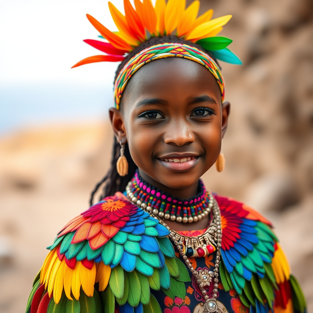 A beautiful Cape Verdean girl, wearing colorful bird clothing with vibrant colors