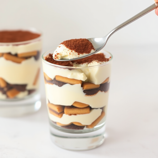 Create an image of a delicious tiramisu dessert in a clear glass. The dessert has layers of creamy mascarpone cheese and coffee-soaked ladyfingers, topped with a dusting of cocoa powder. A spoon is lifting a portion of the dessert, revealing the rich texture and layers inside. The background is minimalistic and light, emphasizing the dessert's appealing appearance.