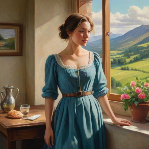 In "A Glass of Beer on the Highland," a serene scene is depicted in a sunlit room where a woman in a vibrant blue dress stands by a large window. She holds a tray with a hearty meal and a frothy glass of beer, embodying a moment of relaxation. Outside, the breathtaking highland landscape features rolling green hills and a charming traditional house, all bathed in warm afternoon light. The interior is adorned with potted plants, creating a harmonious blend of comfort and nature. The painting beautifully captures the tranquility and joy found in simple pleasures amidst stunning scenery
