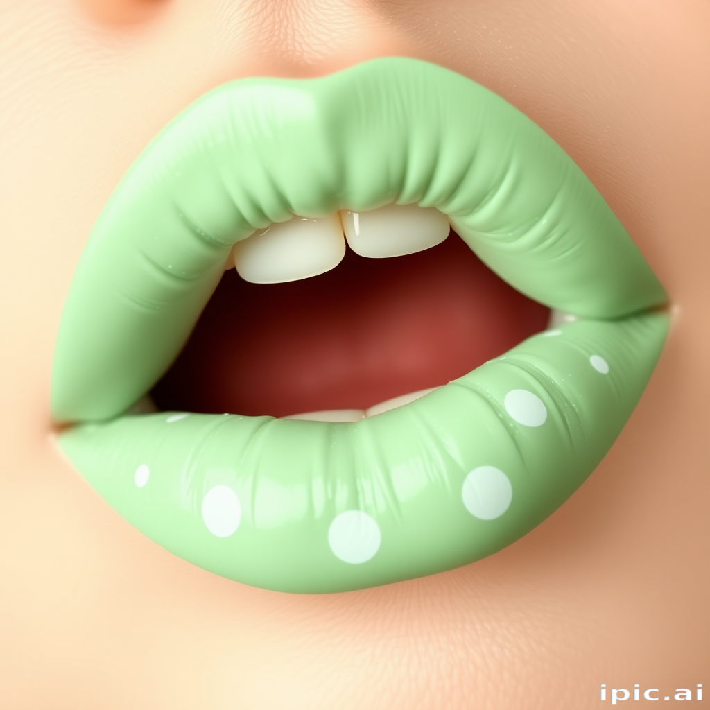 Opaque pastel mint green lips in "Pistachio Kiss" style, with a creamy matte finish and delicate white polka dots for a playful and retro-inspired look