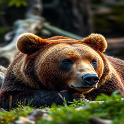 Capture a close-up of a brown bear resting in a natural setting with soft, diffused lighting, camera settings: f/4, ISO 200, 1/200 sec, lens 85mm, view from a low angle, style: high-definition realism, camera type: DSLR.