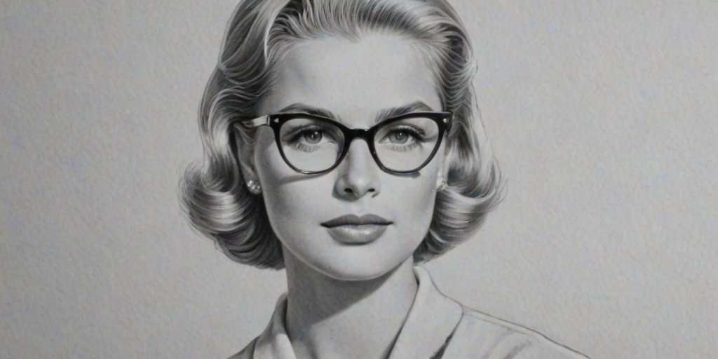 Delightful Grace Kelly, pencil sketch, portrait of Sublime woman 1934s in glasses, hair style beatnik, outline, clear lines, fine lines, 8k