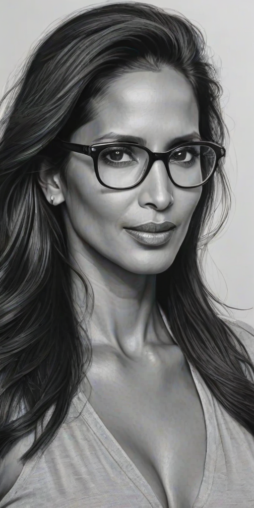 Appealing Padma Lakshmi, pencil sketch, portrait of Attractive woman 1937s in glasses, hair style beatnik, outline, clear lines, fine lines, 8k