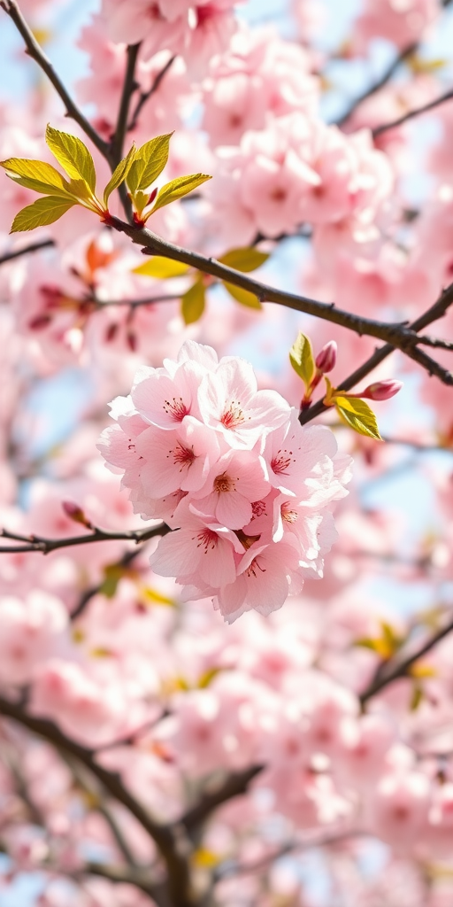 Create a detailed illustration of a blooming pink cherry blossom tree, using a DSLR camera with a 50mm lens, aperture set to f/1.8, ISO 100, shot from a low angle to capture the full height and breadth of the tree, with soft natural lighting to enhance the vibrancy of the blossoms.