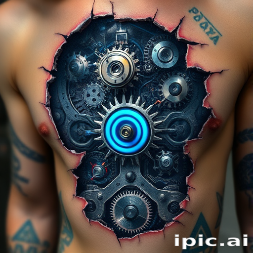 Biomechanical tattoo revealing cybernetic components beneath torn skin, metallic gears and circuits intertwined with organic matter, holographic accents in electric blue and chrome