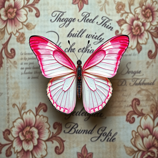Create a digital artwork of a butterfly with pink and white wings centered on a textured background featuring intricate floral patterns and subtle script, captured with a DSLR camera at f/4, ISO 100, 50mm lens, in macro view, using a soft focus style for an ethereal effect.