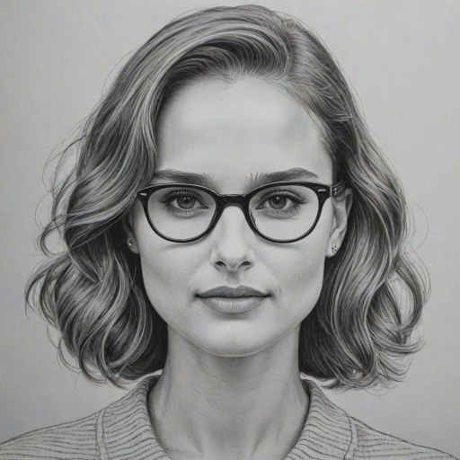 Beauteous Natalie Portman, pencil sketch, portrait of Appealing woman 1958s in glasses, hair style beatnik, outline, clear lines, fine lines, 8k
