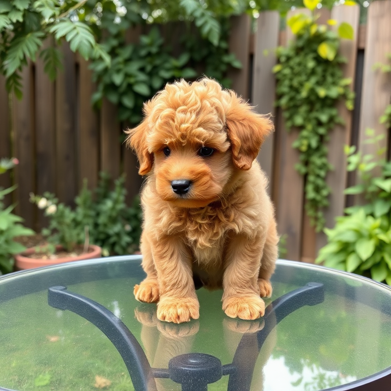 Generate an image of a fluffy brown puppy with curly fur sitting on a glass table outdoors surrounded by greenery and a wooden fence in the background. The puppy has a cute expression and is looking slightly to the side.