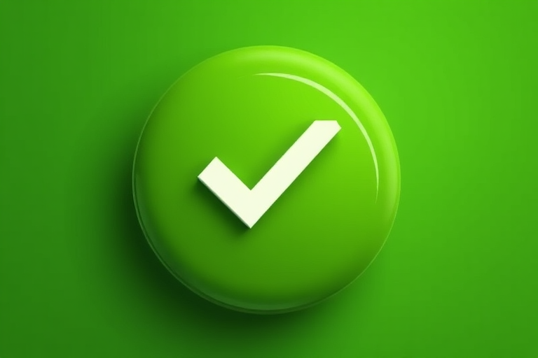 Create an illustration of a green circular background with a glossy white check mark in the center, using a Canon EOS R5 camera, f/2.8 aperture, 50mm lens, ISO 100, soft diffused lighting, and a macro view to enhance the image quality.