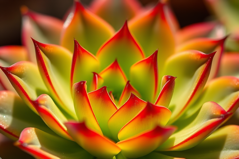 Close-up of a vibrant succulent plant with green leaves and reddish edges, shallow depth of field, natural sunlight, f/2.8 aperture, 50mm lens, ISO 100, DSLR camera, soft bokeh background.