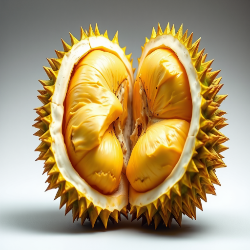 Create a high-resolution digital illustration of a durian fruit split open, showcasing its creamy yellow flesh, using a DSLR camera setting of f/4 aperture, ISO 100, and 1/125 shutter speed for clarity, in a macro view with soft, diffused lighting to enhance texture and detail.