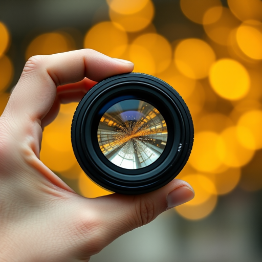 a hand holding a camera lens with a shiny circular glass in the center surrounded by golden bokeh lights in the background