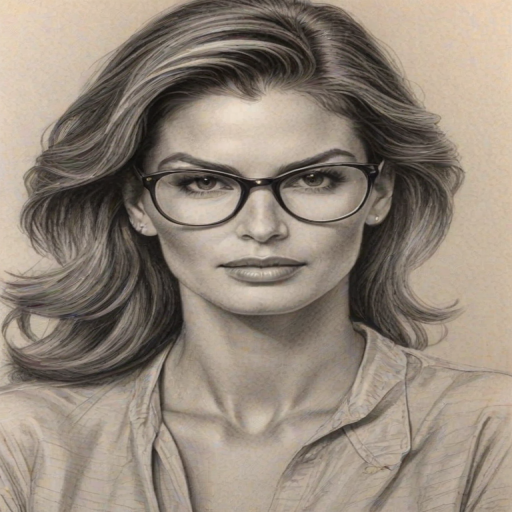 Ravishing Cindy Crawford, pencil sketch, portrait of Fetching woman 1938s in glasses, hair style beatnik, outline, clear lines, fine lines, 8k