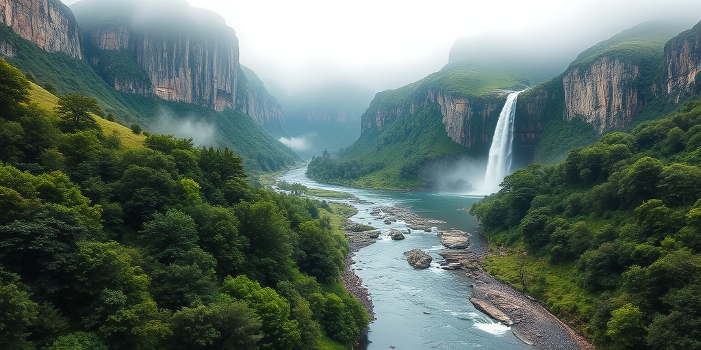 generate a serene landscape with a river flowing through lush greenery, surrounded by towering cliffs and waterfalls, under a misty sky