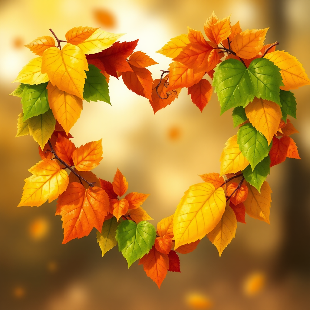 Create an illustration of a heart-shaped arrangement of various leaves in vibrant autumn colors like orange, yellow, and green, using a digital painting style, high resolution, with a soft focus effect to add depth and warmth.