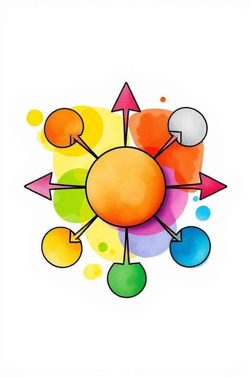 Create a vibrant, mixed-media diagram with a central circle and six surrounding circles, each connected by arrows, using a digital illustration style, 300 dpi resolution, 50mm lens, natural lighting, and a slight overhead view for depth.