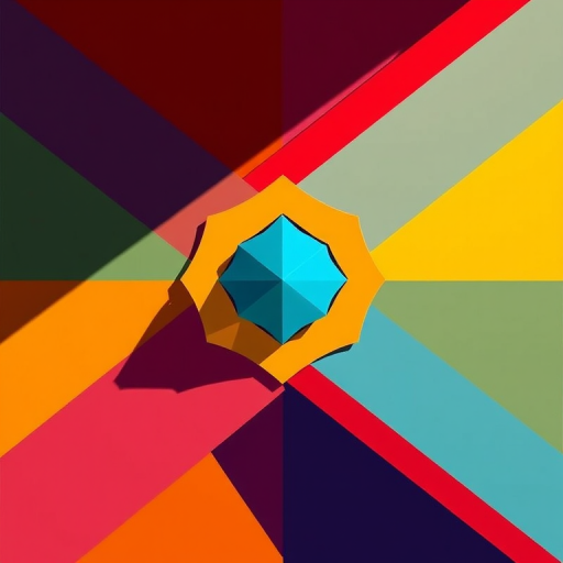 Create an abstract geometric design with vibrant colors and dynamic angles, captured with a Canon EOS R camera, 50mm lens, f/1.8 aperture, ISO 100, in bright daylight, focusing on clarity and sharpness.