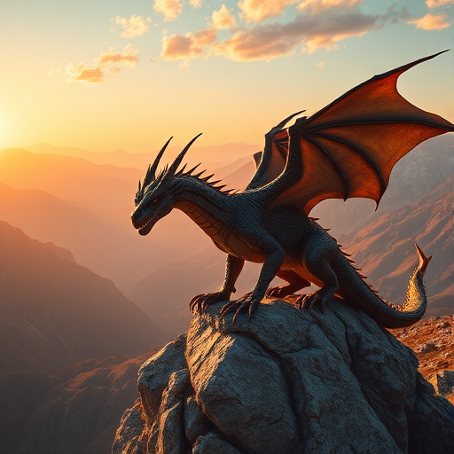 create a hyper-realistic image of a majestic three-headed dragon perched on a rocky outcrop in a vibrant mountainous landscape during golden hour with soft sunlight illuminating the scene, using a full-frame DSLR camera, 35mm lens, f/2.8 aperture, 1/250 second shutter speed, ISO 100 for enhanced sharpness and detail.