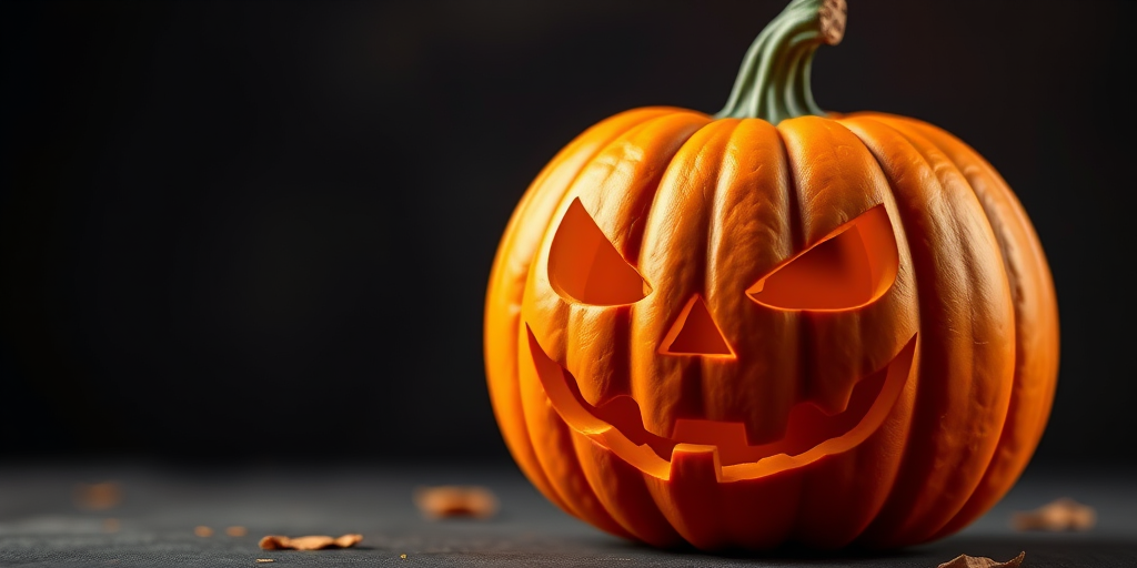 Create a highly detailed and vibrant 3D rendered image of a carved pumpkin with a spooky face, featuring rich orange and yellow hues, set against a dark background, shot with a DSLR camera at f/2.8 aperture, 50mm lens, ISO 100, in a soft focus style to enhance depth and clarity.