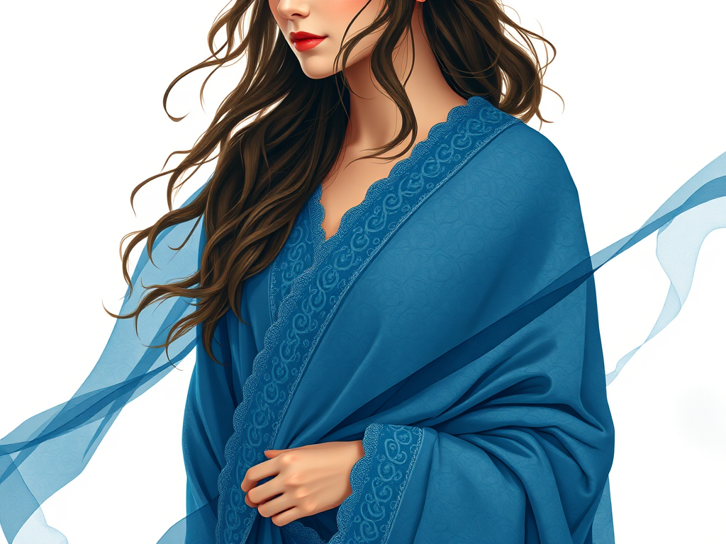 Create a high-resolution illustration of a woman in flowing blue garments with intricate patterns, using a Canon EOS R5 camera with a 50mm f/1.8 lens, aperture set to f/2.8, and a soft-focus background to enhance the details and colors of the fabric.