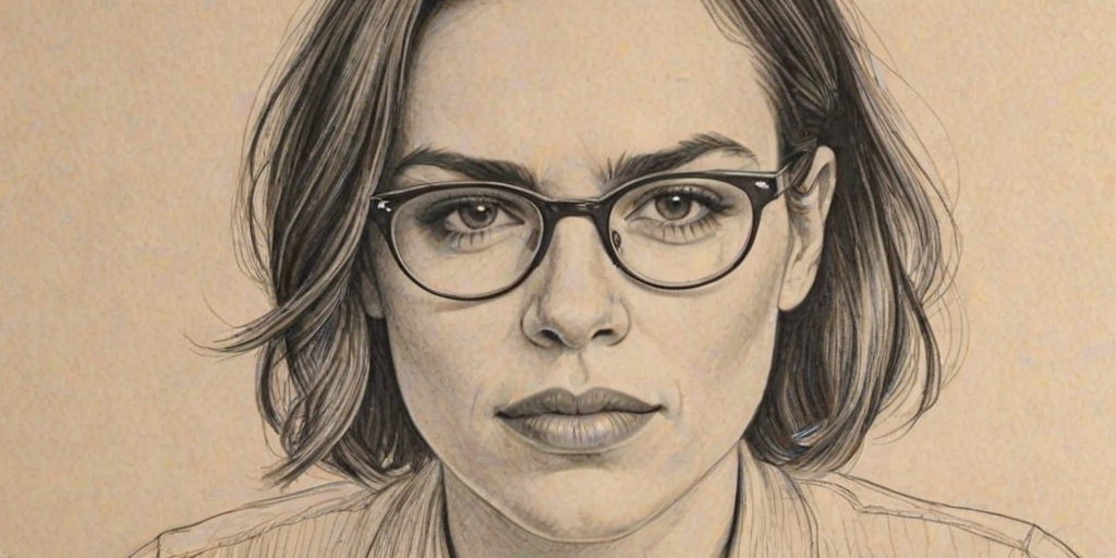 Splendid Clea DuVall, pencil sketch, portrait of Fetching woman 1934s in glasses, hair style beatnik, outline, clear lines, fine lines, 8k