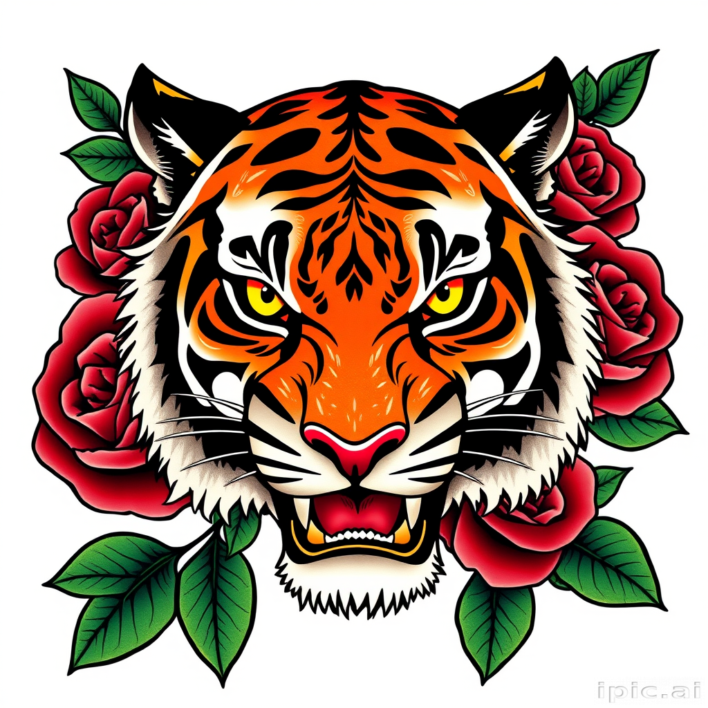 Bold traditional American tattoo of a fierce tiger head with vibrant yellow eyes, surrounded by red roses and green leaves, utilizing thick outlines and solid color fills for a classic, timeless appearance