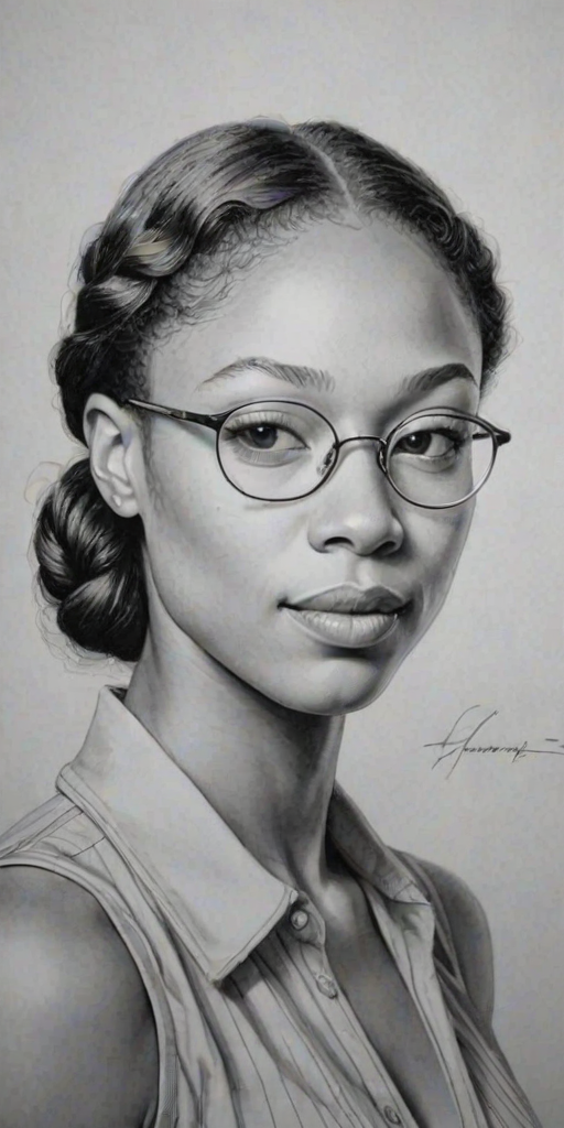 Beauteous Allyson Felix, pencil sketch, portrait of Ravishing woman 1930s in glasses, hair style beatnik, outline, clear lines, fine lines, 8k