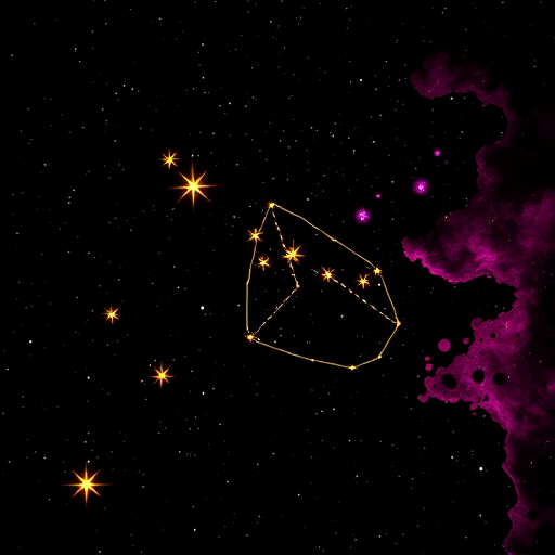 Create a high-resolution image of a night sky filled with glowing yellow stars outlined in neon, set against a deep black background with vibrant pink nebula-like splashes, using a DSLR camera with a 50mm lens, f/1.8 aperture, ISO 200, and a long exposure of 5 seconds for enhanced clarity and depth.