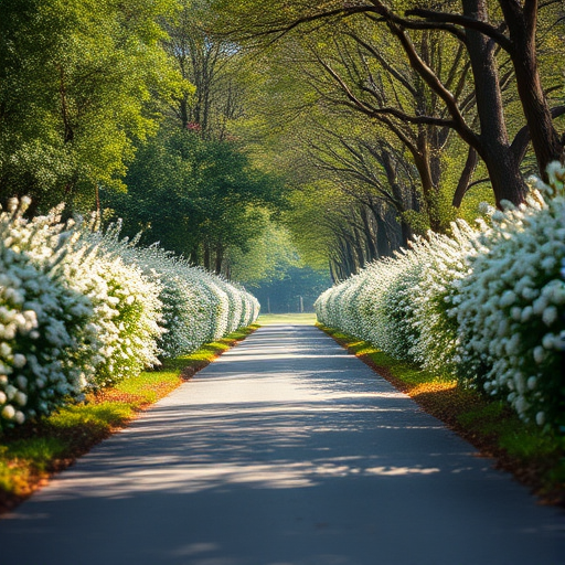 regenerate the image of a peaceful road lined with flowering white bushes and trees on either side under soft natural light, use a DSLR camera with a 50mm lens, aperture f/2.8, shutter speed 1/250 sec, ISO 100, capture from eye level in a shallow depth of field to enhance the foreground details and create a soft background blur.