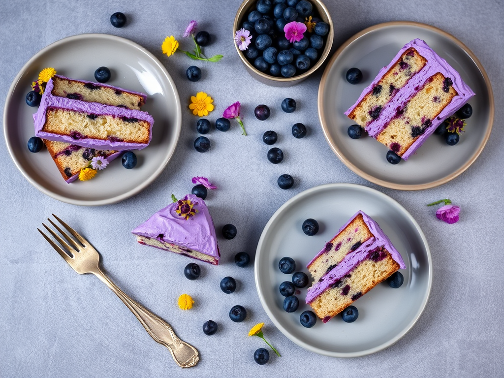 A beautiful display of slices of blueberry cake with purple frosting arranged on gray plates scattered with fresh blueberries and edible flowers, featuring vintage silver forks beside the plates, all set on a textured gray surface.