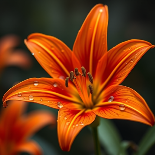 Regenerate an image of a vibrant orange lily flower with water droplets, captured in soft focus to emphasize depth of field, using a Canon EOS 5D Mark IV camera with a 50mm f/1.8 lens, aperture set to f/2.8, ISO 200, and a shutter speed of 1/250 sec, with a shallow background blur.