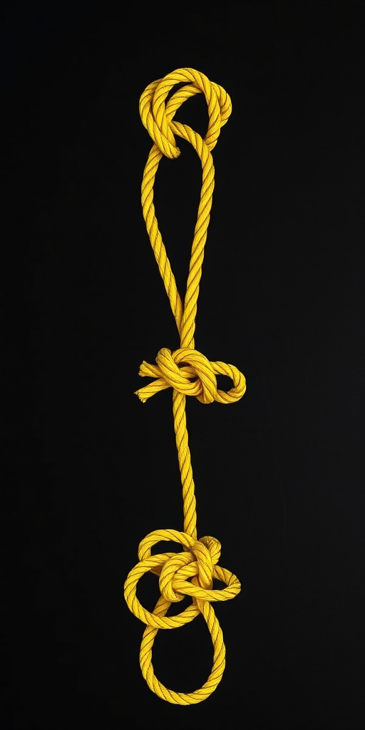 Create a high-resolution image of three different yellow rope knots illustrated on a plain black background, using a DSLR camera with a 50mm lens, aperture set to f/2.8, shutter speed at 1/100s, and ISO 200, captured in a top-down view to enhance detail and clarity.