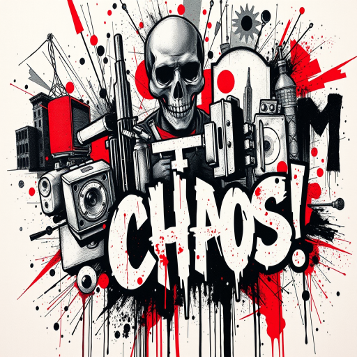 Trash polka tattoo called "Urban Chaos" combining realistic black and gray elements with abstract red accents and typography in a bold chaotic composition inspired by street art