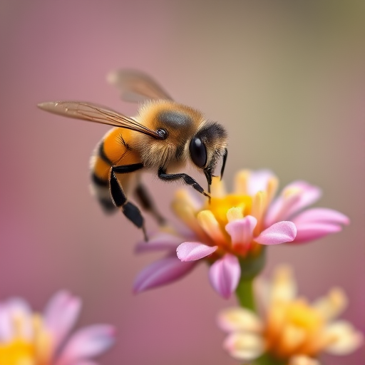 macro photograph of a bee hovering over flowers with soft focus background, aperture f/2.8, shutter speed 1/1000s, ISO 200, natural light, DSLR camera, 100mm lens, vibrant colors and sharp details.