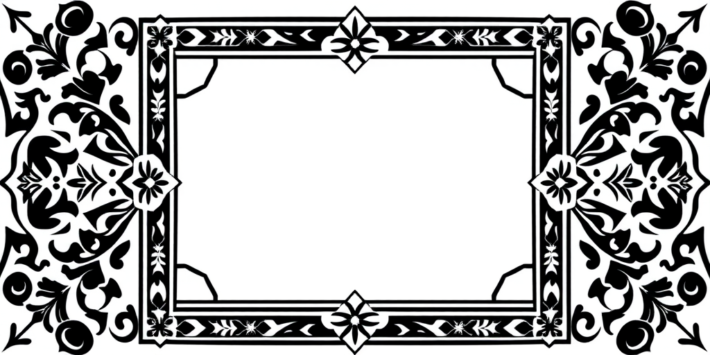create a black and white geometric frame with intricate patterns at the corners and a blank center for text