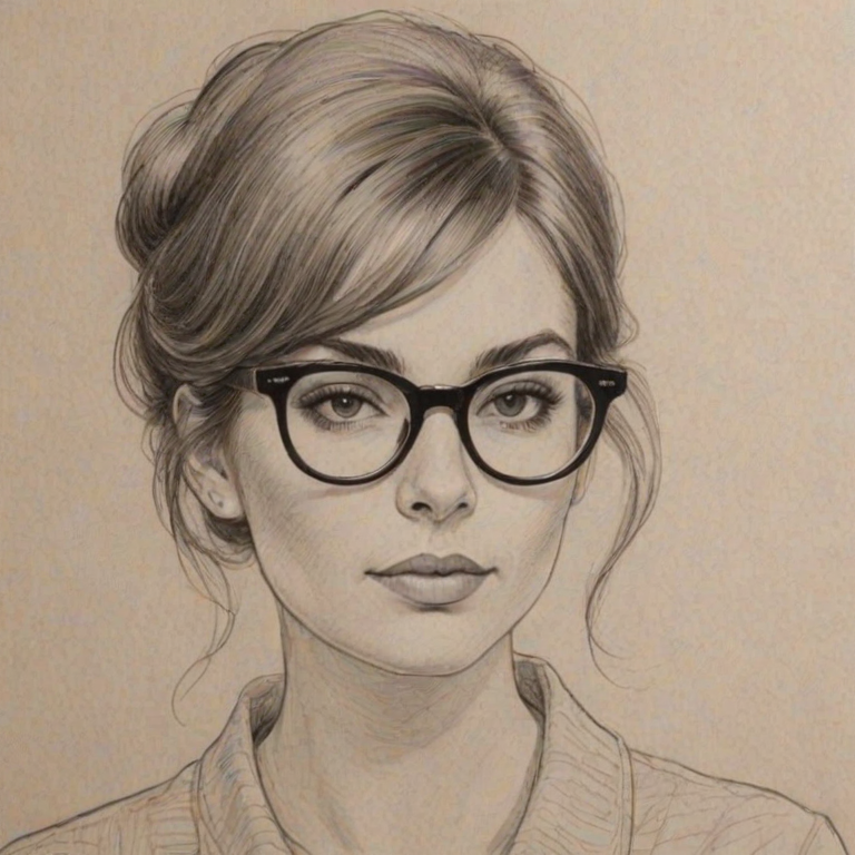 Fetching Dylan Gelula, pencil sketch, portrait of Resplendent woman 1965s in glasses, hair style beatnik, outline, clear lines, fine lines, 8k