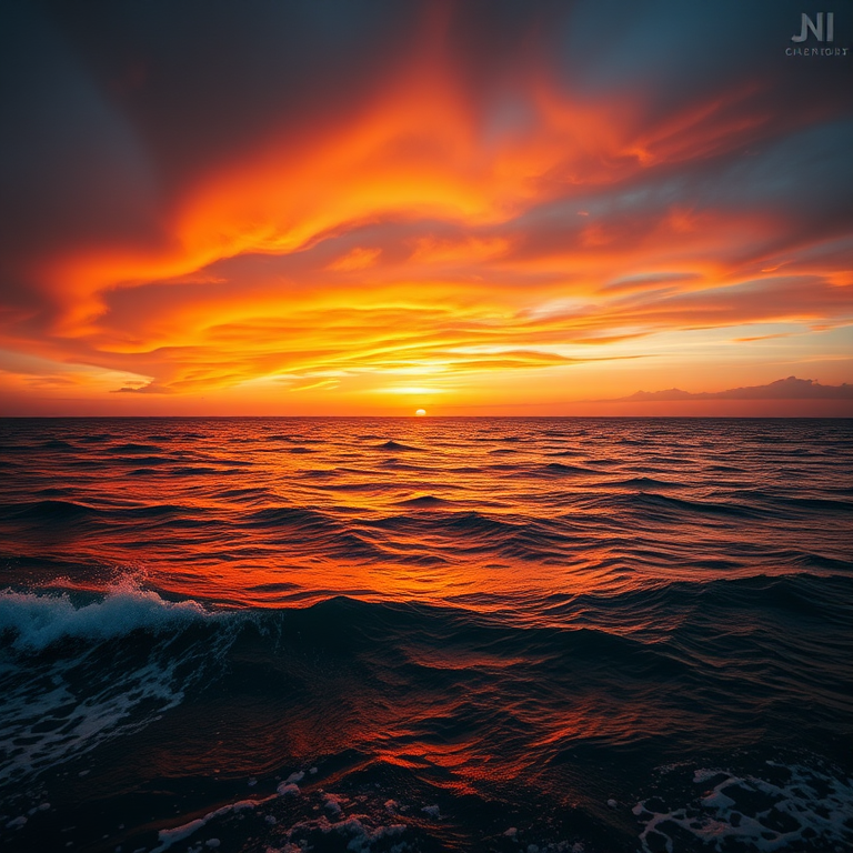 Create a high-resolution image of a vibrant sunset over the ocean, captured with a DSLR camera at f/11, 1/125s shutter speed, ISO 100, using a wide-angle lens with a panoramic view to capture the full horizon and enhanced color saturation.