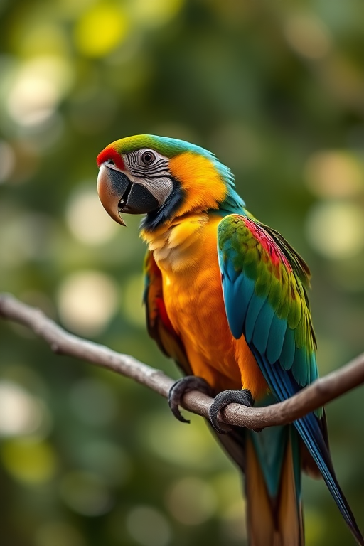 macaw perched on a branch with vibrant feathers, soft bokeh background, natural light, f/2.8 aperture, 1/500 shutter speed, 85mm lens, DSLR camera, high dynamic range imaging