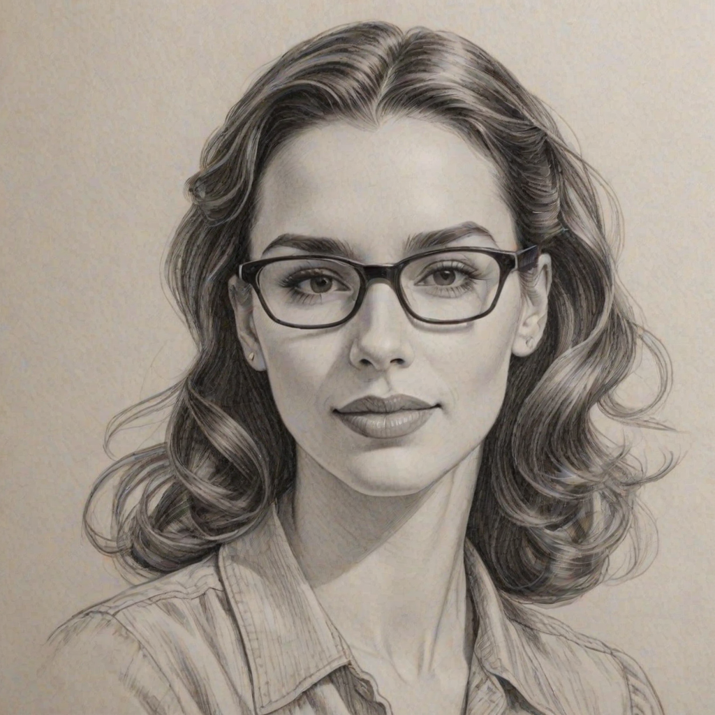 Beauteous Christy Carlson Romano, pencil sketch, portrait of Enchanting woman 1946s in glasses, hair style beatnik, outline, clear lines, fine lines, 8k