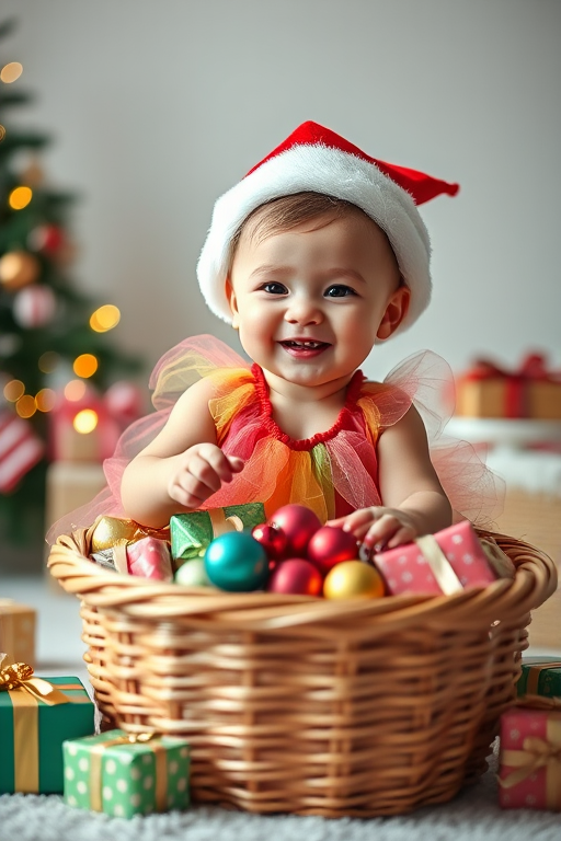 A joyful toddler wearing a Santa hat and a colorful tutu, playing with ornaments in a large festive basket surrounded by beautifully wrapped Christmas presents, with a soft bokeh background, captured with a DSLR camera at f/2.8, ISO 100, 1/200 sec, in portrait orientation with natural lighting.