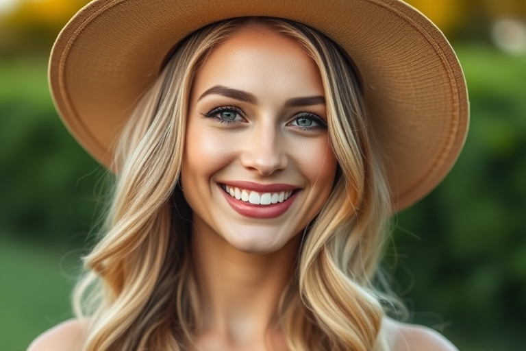 portrait of a smiling woman with long wavy blonde hair wearing a large hat, soft natural light, blurred green background, shallow depth of field, 85mm lens, aperture f/1.8, ISO 100, golden hour lighting, DSLR style